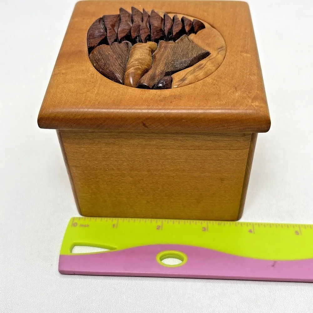 Wooden Hand Carved 3D Trinket Jewelry Box Brown Raised Mountain Detailed VTG 80s